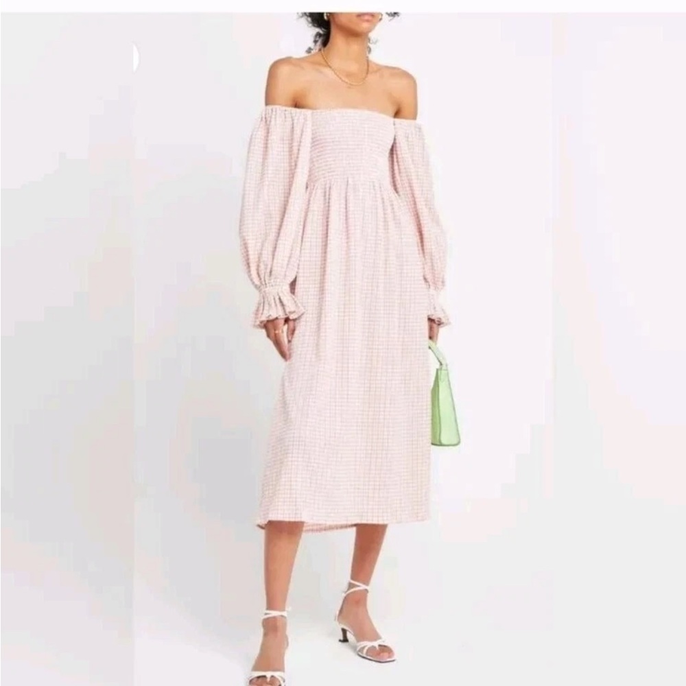 OPT Athena Smocked Midi Dress XS Pink Gingham Puff Sleeve Cottagecore